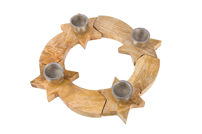 Sfesnic de Advent, rotund, „Sternschnuppen”, motiv stea, lemn de mango, culori naturale, PU 2, H 6 cm, A. 37 cm [1]