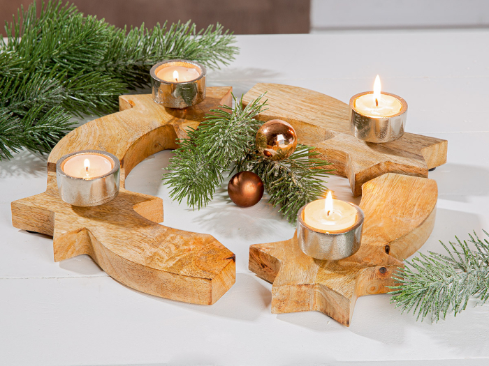 Sfesnic de Advent, rotund, „Sternschnuppen”, motiv stea, lemn de mango, culori naturale, PU 2, H 6 cm, A. 37 cm [3]