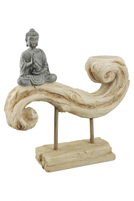 Suport lumanare Buddha, Rasina, Gri Crem, 5.5x22x23 cm