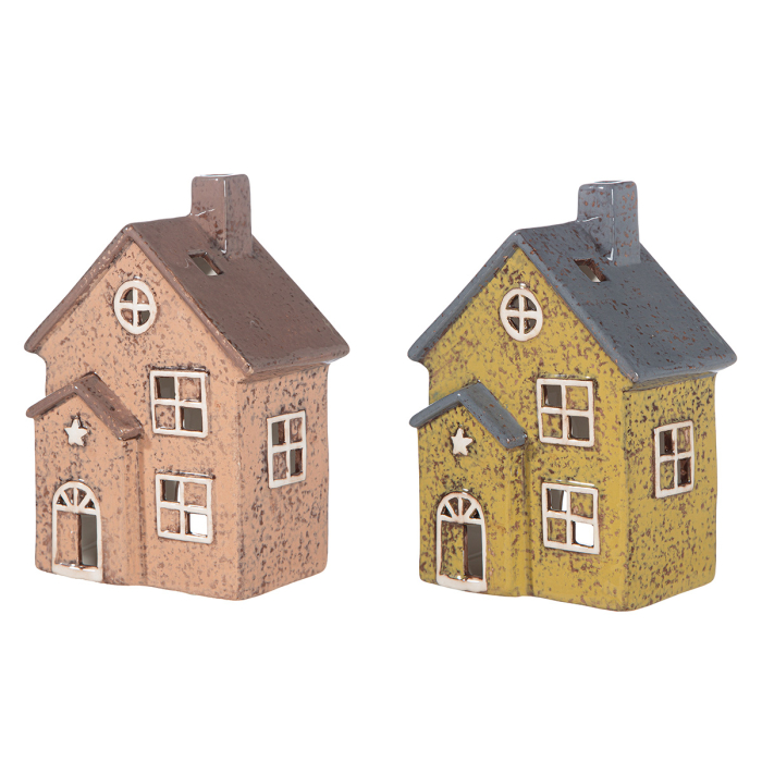 Suport lumanare, Casa, „Verdo”, Ceramica, maro, verde, PU 4, 2 asortate, L. 7,8 cm, L. 12,3 cm, H 17 cm [6]