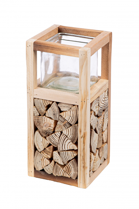 Suport lumanare Catasta, sticla lemn, maro, 14x30x14 cm