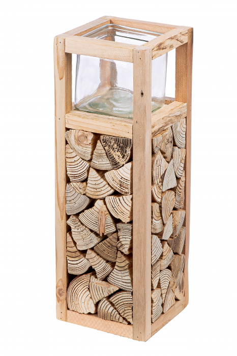 Suport lumanare Catasta, sticla lemn, maro, 14x40x14 cm