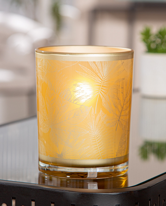 Suport lumanare, cilindric, Amazon, Motiv frunze, Sticlă, auriu, PU 8, H. 12,5 cm, D. 10 cm [3]