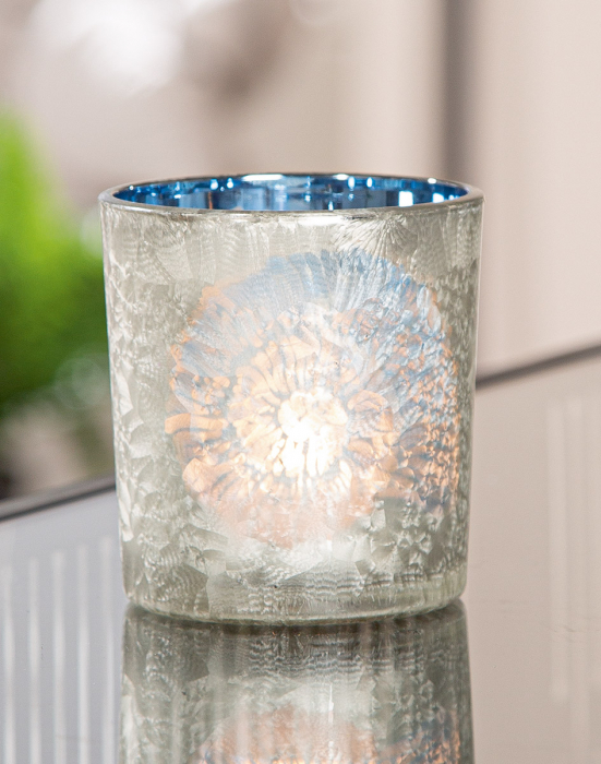 Suport lumanare, cilindric, Amonit, Motiv scoici, Sticlă, albastru, PU 18, H. 8 cm, D. 7 cm [3]