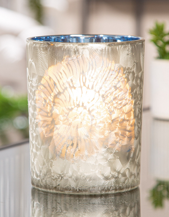 Suport lumanare, cilindric, Amonit, Motiv Shell, Sticla, albastru, PU 8, H. 12,5 cm, D. 10 cm [3]