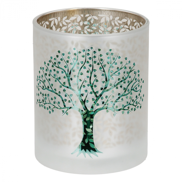 Suport lumanare, cilindric, Arborele vieții, Motiv copac, Sticlă, verde, alb, PU 8, H. 12,5 cm, D. 10 cm [1]