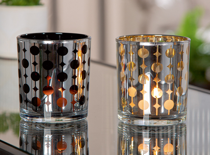 Suport lumanare, cilindric, Circle, grafic, Sticlă, argintiu, PU 18, 2 buc. asortate, H. 8 cm, D. 7 cm [4]