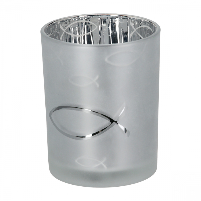 Suport lumanare, cilindric, Comuniune, Motiv pește, Sticlă, argintiu, PU 8, H. 12,5 cm, D. 10 cm [1]