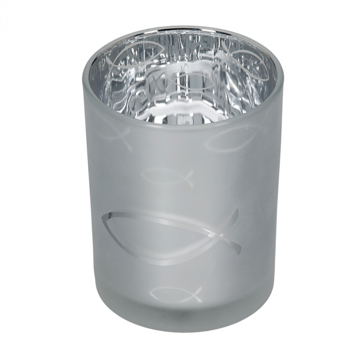 Suport lumanare, cilindric, Comuniune, Motiv pește, Sticlă, argintiu, PU 8, H. 12,5 cm, D. 10 cm [2]
