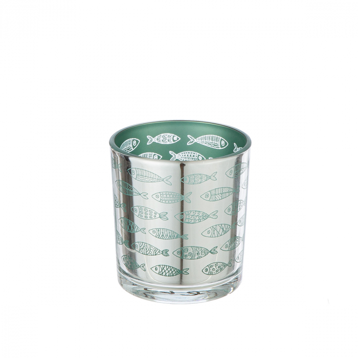 Suport lumanare, cilindric, Comuniune, Motiv pește, Sticlă, verde, argintiu, PU 18, H. 8 cm, D. 7 cm [1]
