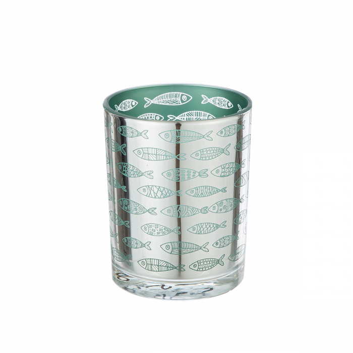 Suport lumanare, cilindric, Comuniune, Motiv pește, Sticlă, verde, argintiu, PU 8, H. 12,5 cm, D. 10 cm [1]