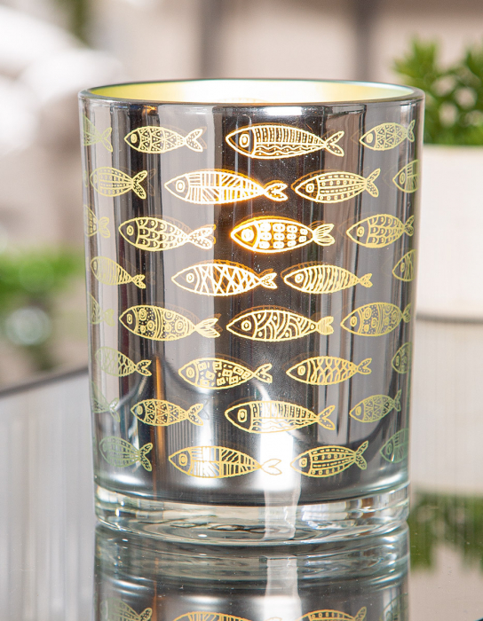 Suport lumanare, cilindric, Comuniune, Motiv pește, Sticlă, verde, argintiu, PU 8, H. 12,5 cm, D. 10 cm [3]