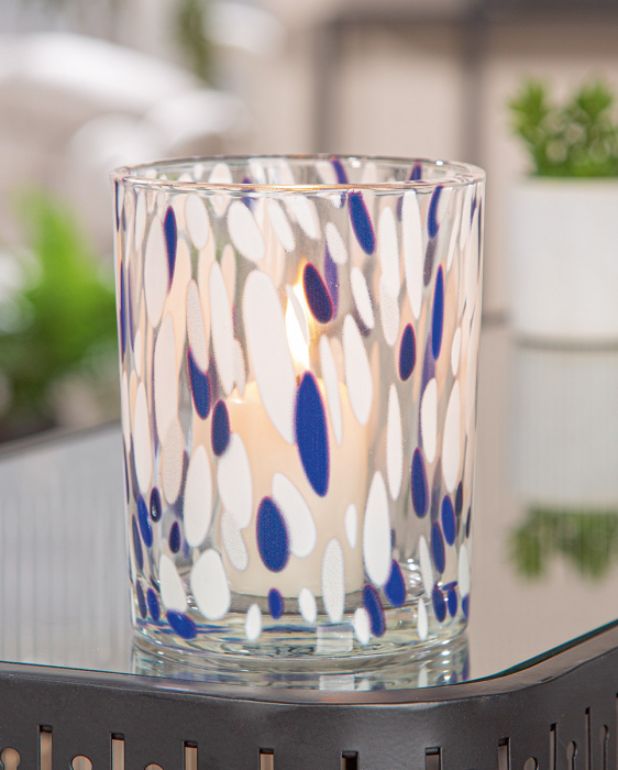 Suport lumanare, cilindric, Dots, Sticlă, albastru, transparent, alb, PU 8, H. 12,5 cm, D. 10 cm [3]