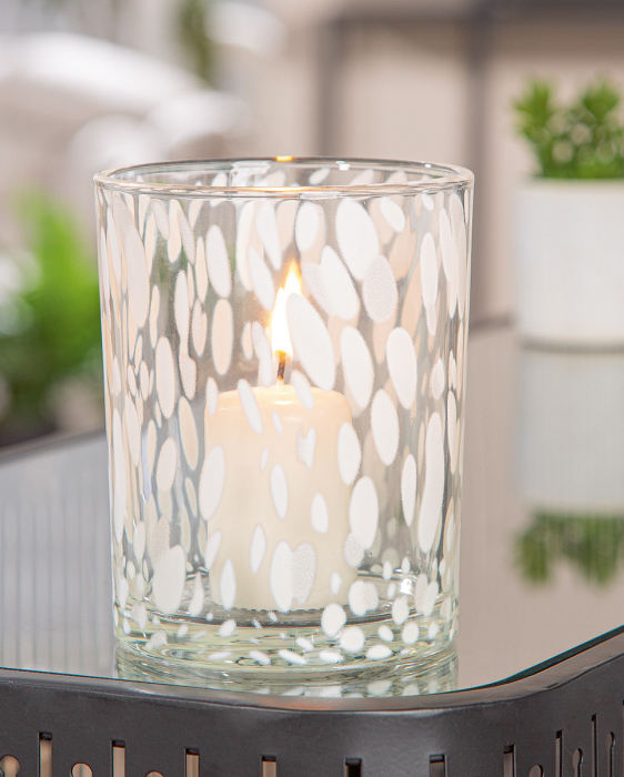 Suport lumanare, cilindric, Dots, Sticlă, transparent, alb, PU 8, H. 12,5 cm, D. 10 cm [3]