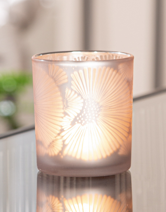 Suport lumanare, cilindric, Gerbera, Motiv flori, Sticlă, maro, argintiu, PU 18, H. 8 cm, D. 7 cm [3]