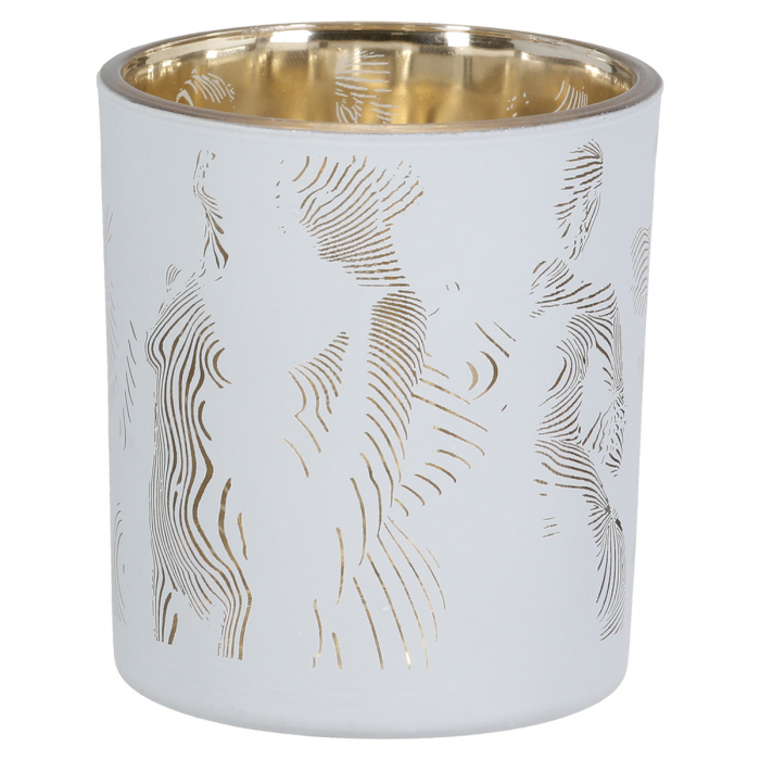 Suport lumanare, cilindric, Girl, Motiv Femeie, Sticla, negru, auriu, alb, PU 18, 2 buc. asortate, H. 8 cm, D. 7 cm [3]