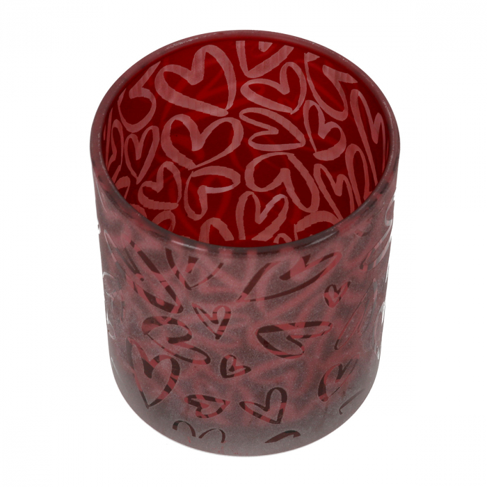 Suport lumanare, cilindric, Heart storm, Motiv inimă, Sticlă, roșu, PU 18, H. 8 cm, D. 7 cm [2]