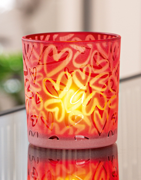 Suport lumanare, cilindric, Heart storm, Motiv inimă, Sticlă, roșu, PU 18, H. 8 cm, D. 7 cm [4]