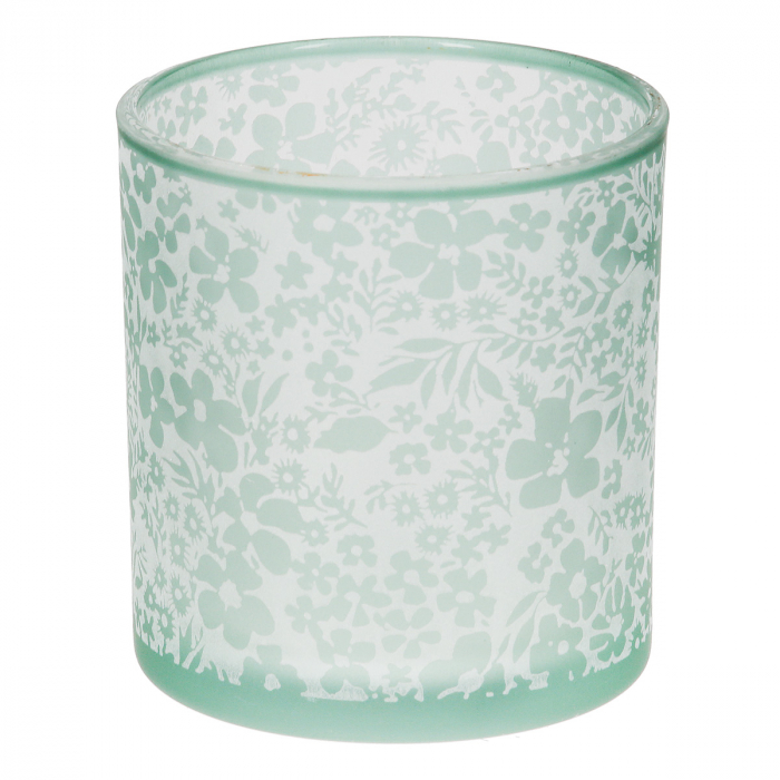 Suport lumanare, cilindric, Luncă, Motiv flori, Sticlă, verde, alb, PU 18, H. 8 cm, D. 7 cm [1]