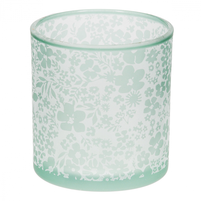 Suport lumanare, cilindric, Luncă, Motiv flori, Sticlă, verde, alb, PU 18, H. 8 cm, D. 7 cm [2]