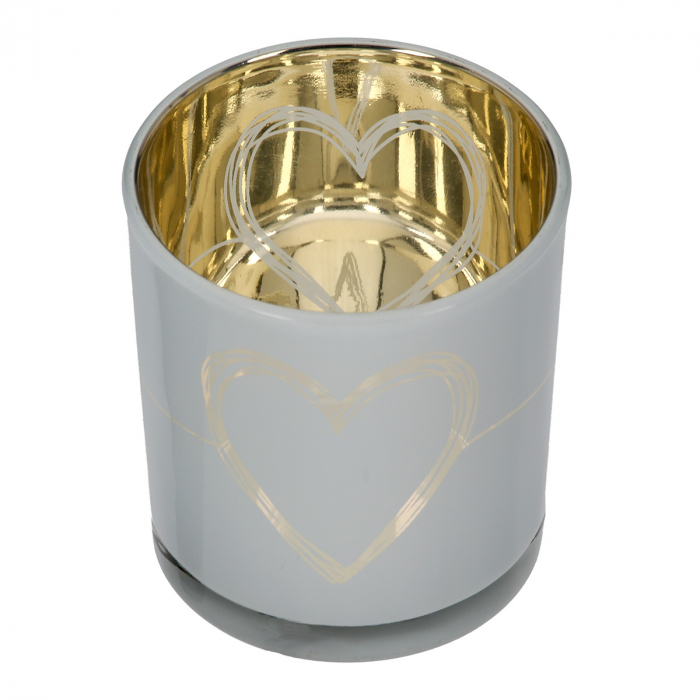 Suport lumanare, cilindric, Modern Heart, Motiv inimă, Sticlă, gri, alb, PU 18, 2 buc. asortate, H. 8 cm, D. 7 cm [3]