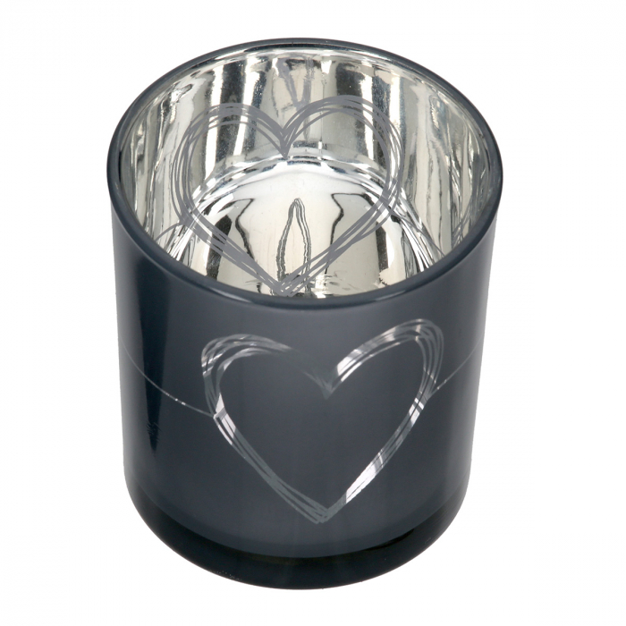 Suport lumanare, cilindric, Modern Heart, Motiv inimă, Sticlă, gri, alb, PU 18, 2 buc. asortate, H. 8 cm, D. 7 cm [5]