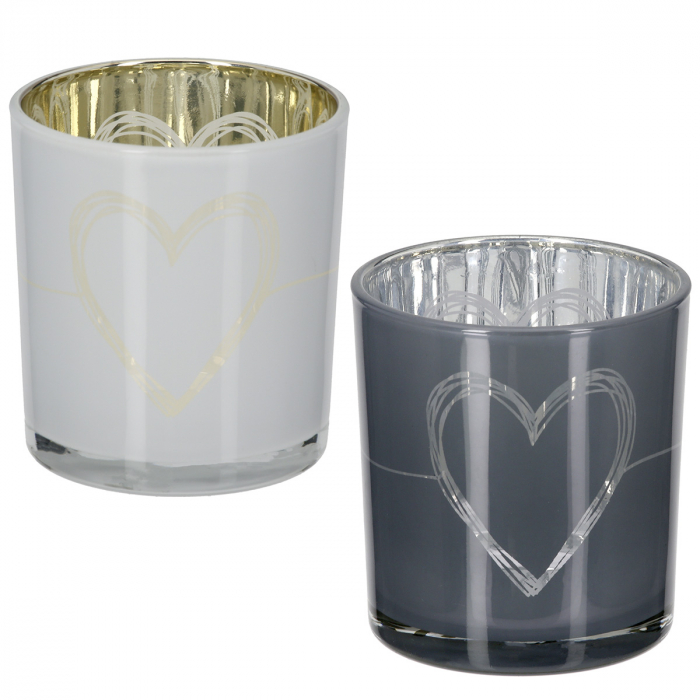 Suport lumanare, cilindric, Modern Heart, Motiv inimă, Sticlă, gri, alb, PU 18, 2 buc. asortate, H. 8 cm, D. 7 cm [1]