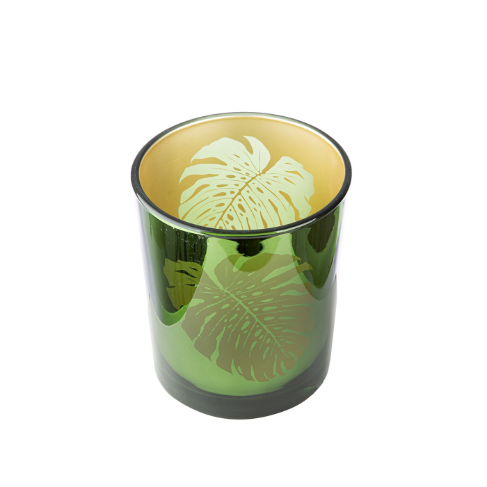 Suport lumanare, cilindric, Monstera, Motiv frunze, Sticlă, auriu, verde, PU 18, H. 8 cm, D. 7 cm [2]