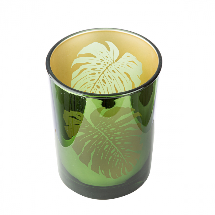 Suport lumanare, cilindric, Monstera, Motiv frunze, Sticlă, auriu, verde, PU 8, H. 12,5 cm, D. 10 cm [2]