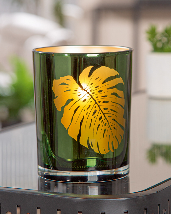 Suport lumanare, cilindric, Monstera, Motiv frunze, Sticlă, auriu, verde, PU 8, H. 12,5 cm, D. 10 cm [3]