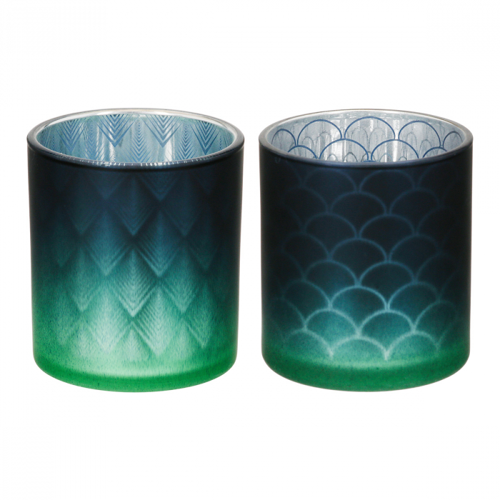 Suport lumanare, cilindric, Panasonic, Sticlă, albastru, verde, argintiu, PU 18, 2 buc. asortate, H. 8 cm, D. 7 cm [1]