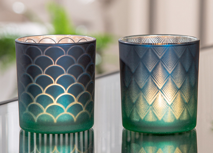 Suport lumanare, cilindric, Panasonic, Sticlă, albastru, verde, argintiu, PU 18, 2 buc. asortate, H. 8 cm, D. 7 cm [6]