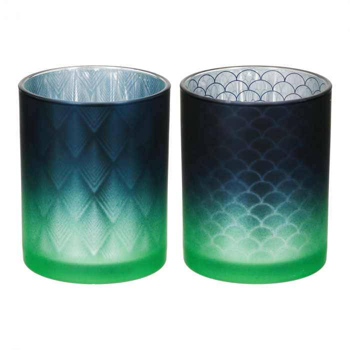 Suport lumanare, cilindric, Panasonic, Sticlă, albastru, verde, argintiu, PU 8, 2 buc. asortate, H. 12,5 cm, D. 10 cm [1]