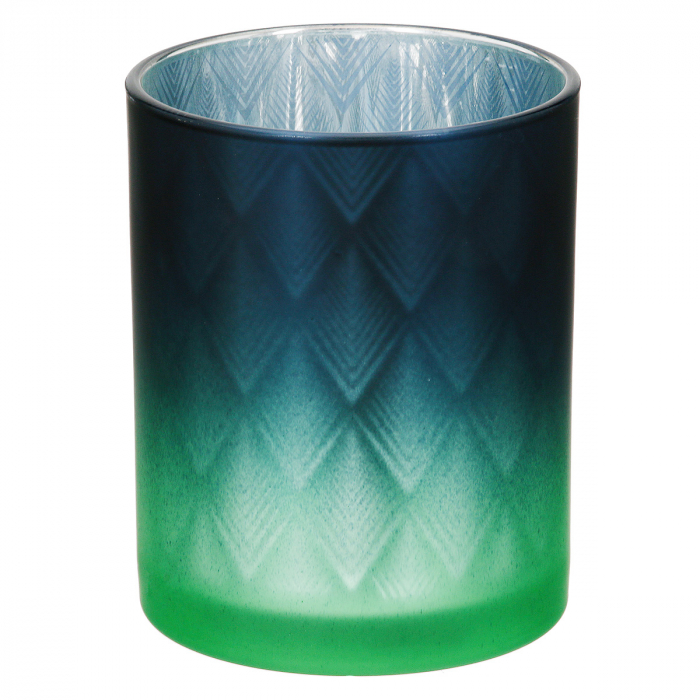 Suport lumanare, cilindric, Panasonic, Sticlă, albastru, verde, argintiu, PU 8, 2 buc. asortate, H. 12,5 cm, D. 10 cm [2]