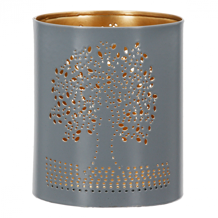 Suport lumanare, cilindric, Tree of Life, Motiv Arborele vieții, Metal, auriu, gri, alb, PU 12, 2 buc. asortate, H. 10 cm, D. 8,5 cm [3]