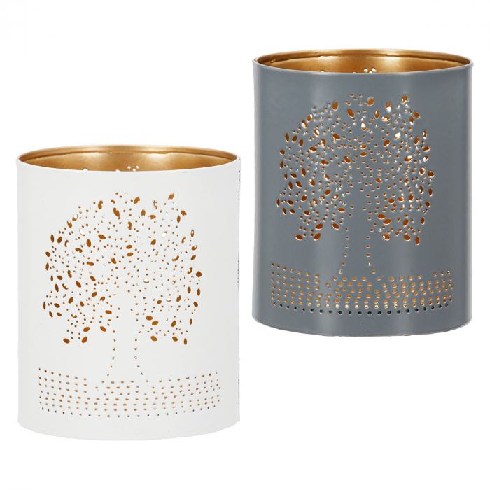 Suport lumanare, cilindric, Tree of Life, Motiv Arborele vieții, Metal, auriu, gri, alb, PU 12, 2 buc. asortate, H. 10 cm, D. 8,5 cm [1]