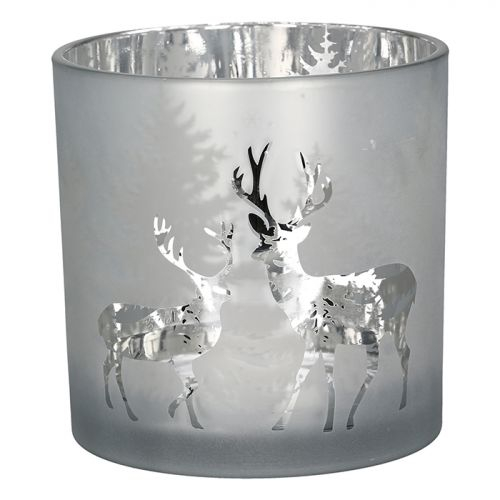 Suport lumanare Deer Forest, Sticla, Argintiu, 10x10x12 cm