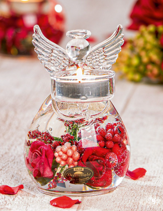 Suport lumanare Dreamlight inger cu trandafir, sticla, 12x8 cm