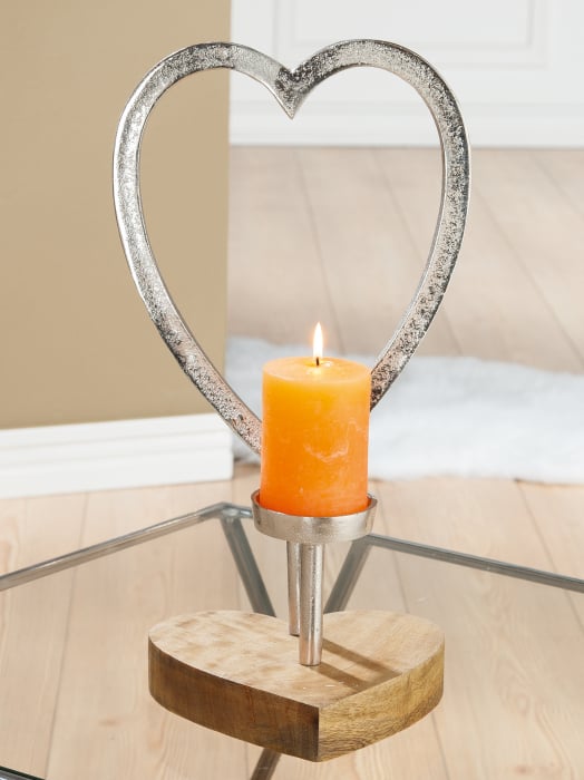 Suport lumanare heart, aluminiu lemn, argintiu maro, 23x43x20 cm
