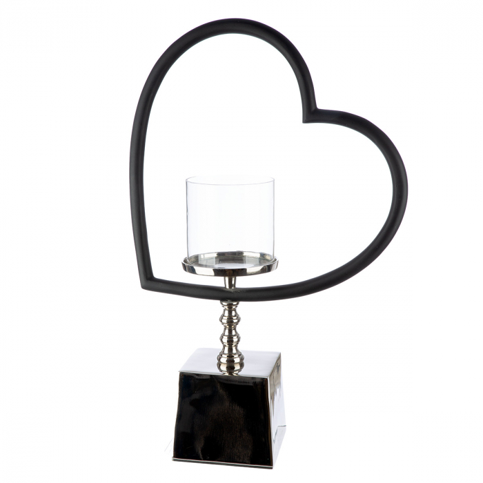 Suport lumanare, Heart, Te quiero, Aluminiu, Sticla, negru, argintiu, PU 1, L. 11 cm, L. 33 cm, H. 49 cm [1]