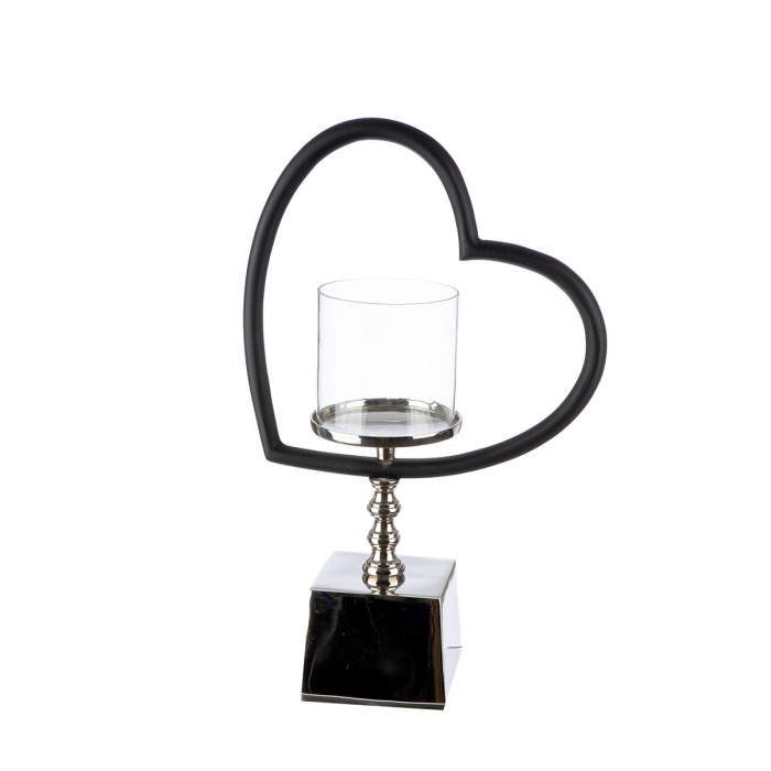 Suport lumanare, Heart, Te quiero, Aluminiu, Sticla, negru, argintiu, PU 1, L. 9 cm, L. 26,5 cm, H. 39,5 cm [1]