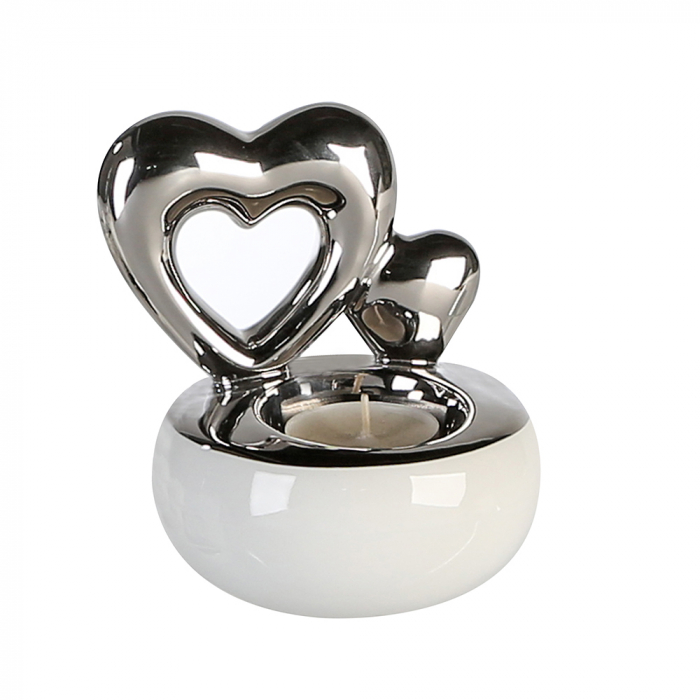 Suport lumanare Hearts, Ceramica, Alb Argintiu, 12×10 cm GILDE