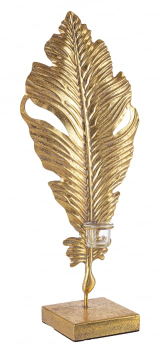 Suport lumanare Leaf, metal, auriu vintage, 64 cm