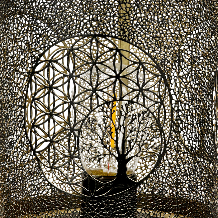 Suport lumanare (LED), Arborele de aur, Motivul Arborele vieții, Motivul floarea vieții, Metal, Sintetic, negru, PU 2, H. 19 cm, D. 12 cm [3]