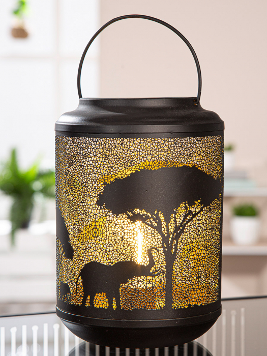Suport lumanare (LED), cilindrică, Savannah, Motiv copac, motiv elefant, Metal, negru, PU 2, H. 20 cm, D. 14 cm [4]