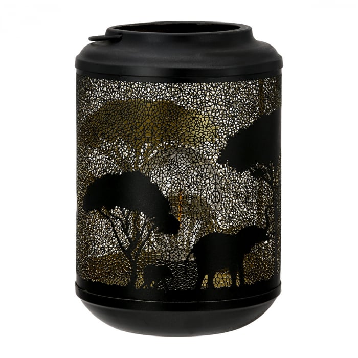 Suport lumanare (LED), cilindrică, Savannah, Motiv copac, motiv elefant, Metal, negru, PU 2, H. 20 cm, D. 14 cm [1]