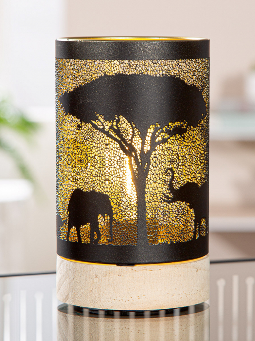 Suport lumanare (LED), cilindrică, Savannah, Motiv copac, motiv elefant, Metal, negru, PU 3, H. 14,5 cm, D. 8,5 cm [4]