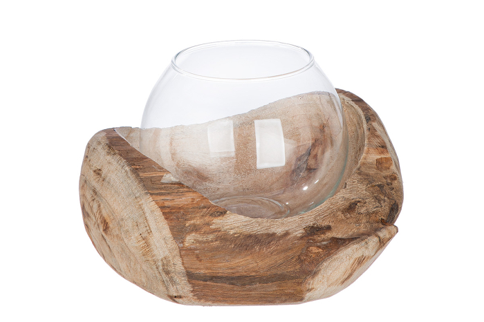 Suport lumanare, mica, „Davao”, lemn, culori naturale, PU 4, L. 15 cm, latime 18 cm, inaltime 11 cm [1]