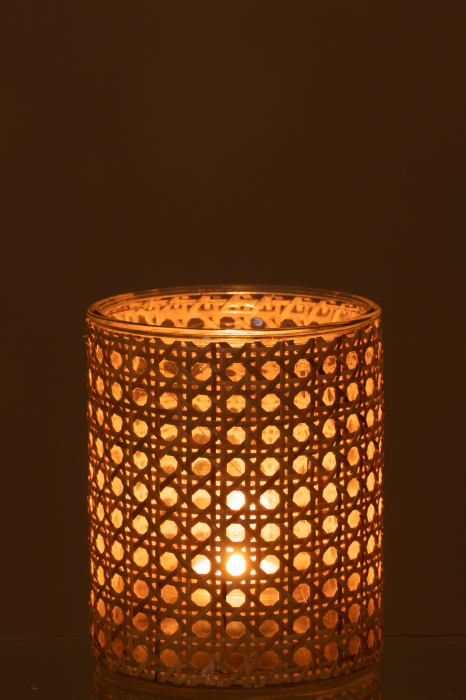 Suport lumanare Rattan, Sticla, Natural, 12.5x12.5x15 cm [3]