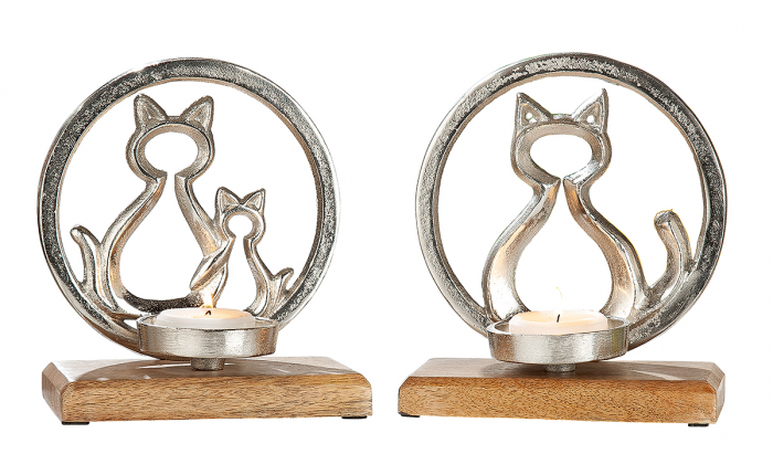 Set 2 suporturi lumanare Ring with Cat, aluminiu lemn, maro argintiu, 18x20x10 cm